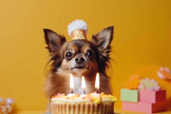 čivava pas sa rođendanskom tortom